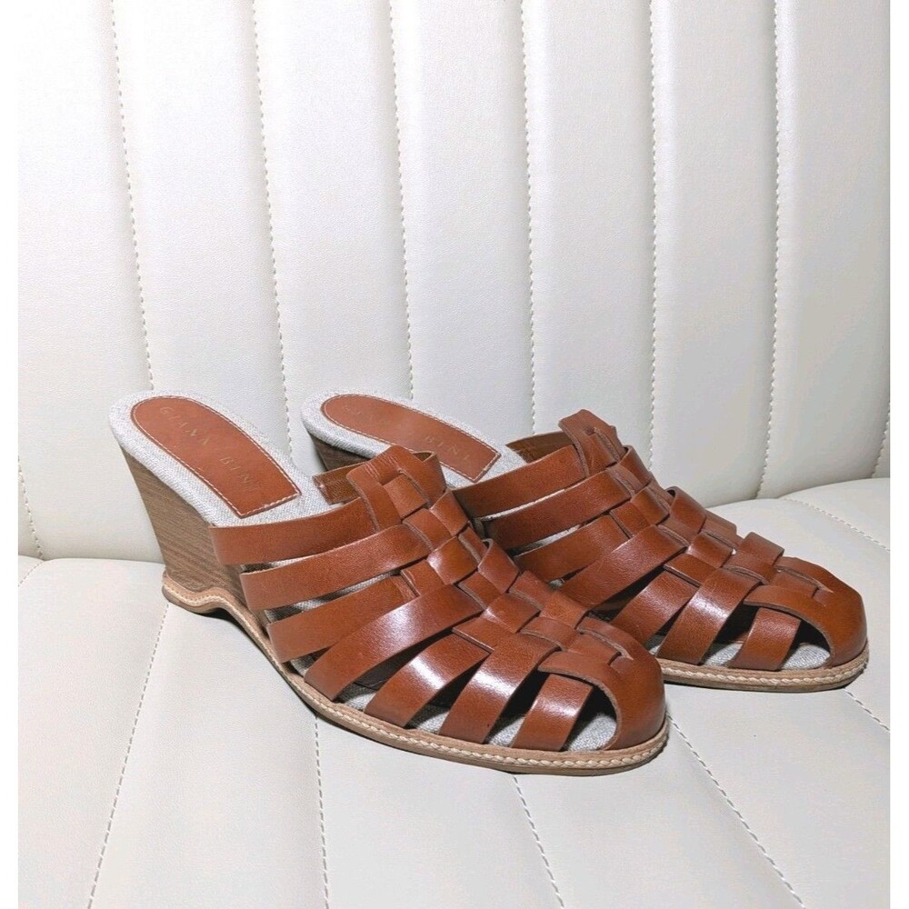 Gianni Bini Brown Leather Wedge Sandals Shoe Mule Huracha Slip On 9M